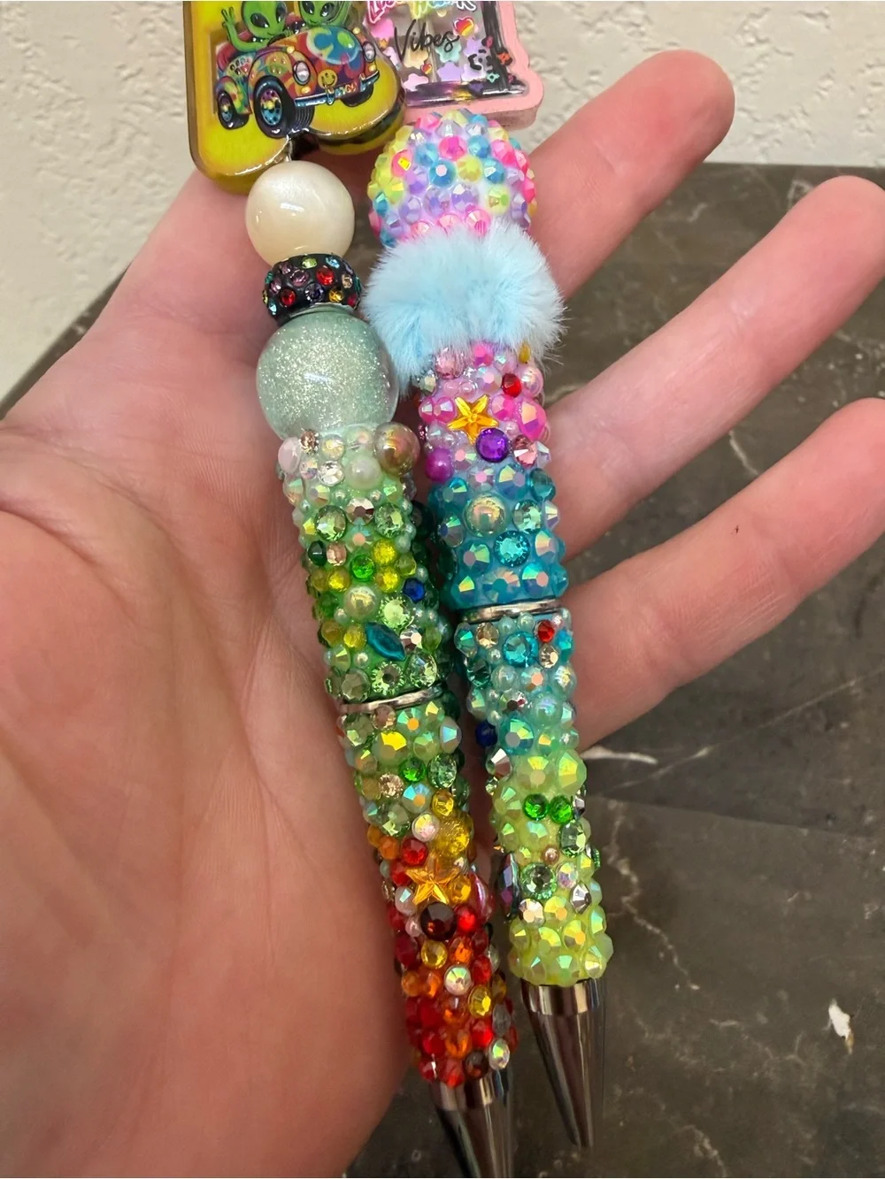 Lisa Frank Aliens Colorful Rhinestone Beaded Pen Set Handmade